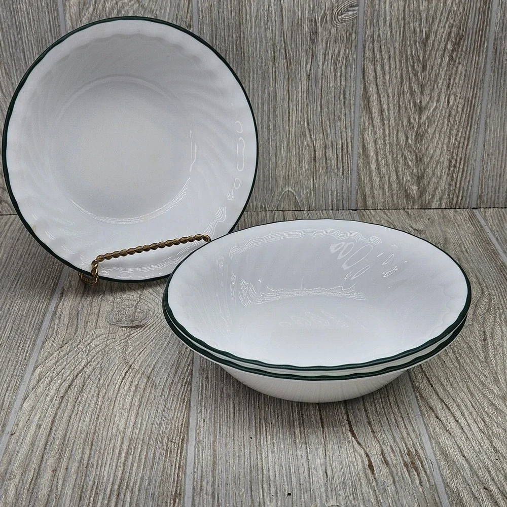 Corelle Callaway Ivy Green Rim White Swirl Soup Cereal Bowls Set of 3 USA